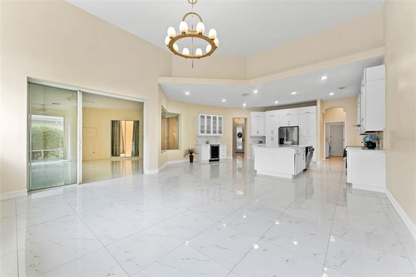 Chandelier, Empty room, Interior, Kitchen, Marble, Recessed Lighting