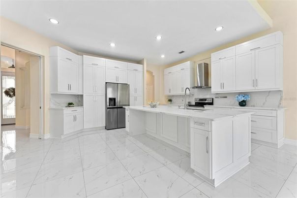 Interior, Kitchen, Marble, Recessed Lighting, Stainless Steel Appliances