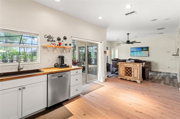 Interior, Kitchen, Living room, Recessed Lighting, Wood Texture Flooring