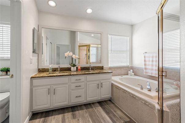 Bathroom, Dual Sink Vanities, Interior, Recessed Lighting, Wood Texture Flooring