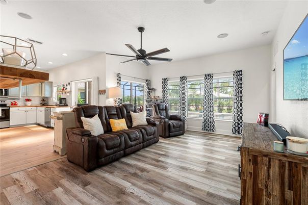 Interior, Kitchen, Living room, Recessed Lighting, Wood Texture Flooring