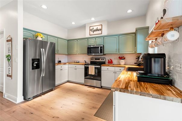Interior, Kitchen, Recessed Lighting, Stainless Steel Appliances, Wood Texture Flooring