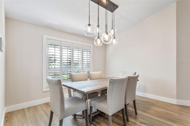 Dining room, Interior, Pendant Lights, Wood Texture Flooring
