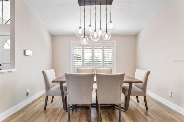 Dining room, Interior, Pendant Lights, Wood Texture Flooring
