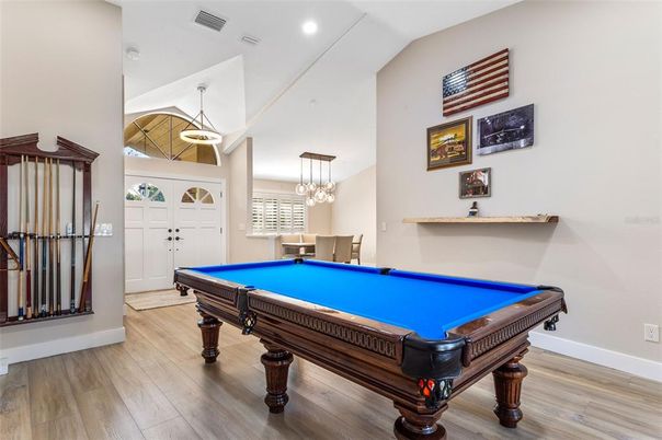 Billiard Table, Game Room, Interior, Pendant Lights, Recessed Lighting, Wood Texture Flooring
