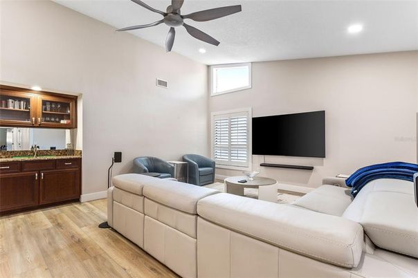 Interior, Living room, Recessed Lighting, Wood Texture Flooring