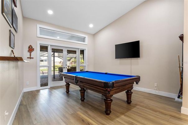 Billiard Table, Game Room, Interior, Recessed Lighting, Wood Texture Flooring