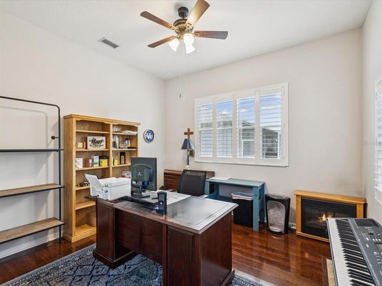 Fireplace, Home Office, Interior, Piano, Wood Texture Flooring