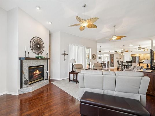 Dining room, Fireplace, Interior, Kitchen, Living room, Pendant Lights, Recessed Lighting, Wood Texture Flooring