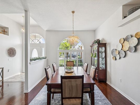 Chandelier, Dining room, Interior, Pendant Lights, Wood Texture Flooring