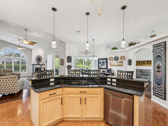 Dining room, Interior, Kitchen, Living room, Pendant Lights, Wood Texture Flooring