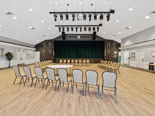 Dining room, Interior, Projection Screen, Recessed Lighting, Wood Texture Flooring