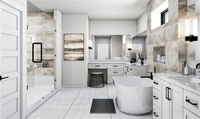 Bathroom, Dual Sink Vanities, Free Standing Baths, Glass Shower, Interior, Marble Walls