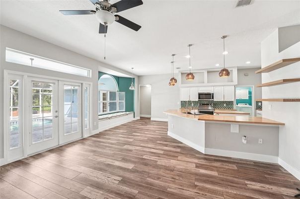Interior, Kitchen, Pendant Lights, Recessed Lighting, Wood Texture Flooring