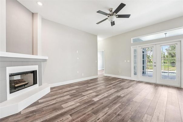 Empty room, Fireplace, Interior, Recessed Lighting, Wood Texture Flooring