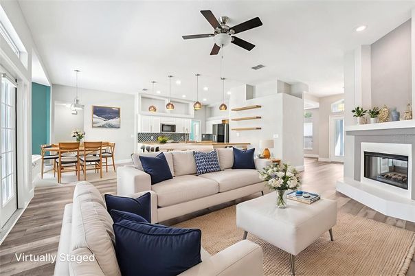 Dining room, Fireplace, Interior, Kitchen, Living room, Pendant Lights, Recessed Lighting, Wood Texture Flooring