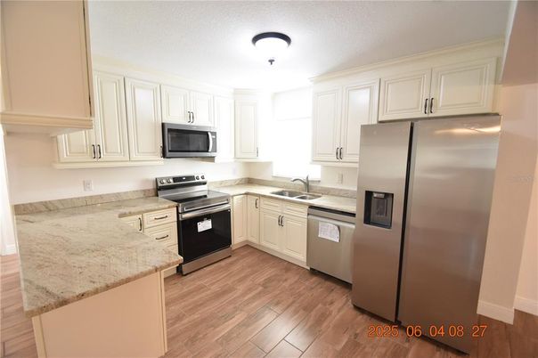 Interior, Kitchen, Stainless Steel Appliances, Wood Texture Flooring