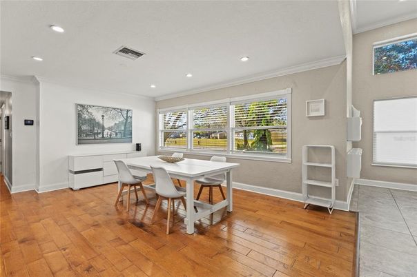 Dining room, Interior, Recessed Lighting, Wood Texture Flooring