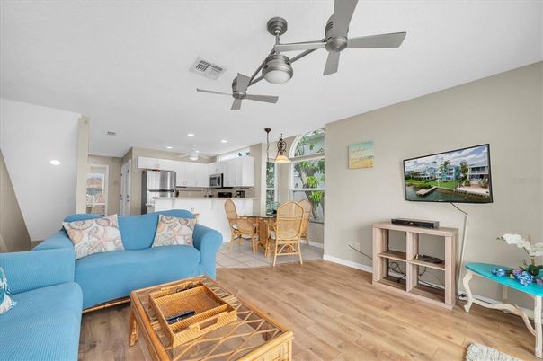Dining room, Interior, Kitchen, Living room, Pendant Lights, Recessed Lighting, Stainless Steel Appliances, Wood Texture Flooring