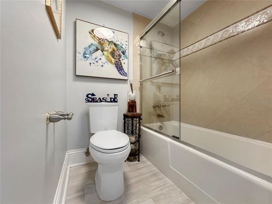 Bathroom, Glass Shower, Interior, Wood Texture Flooring