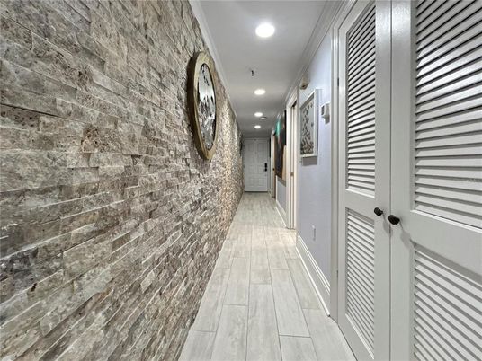 Interior, Recessed Lighting, Stone Walls, Wood Texture Flooring