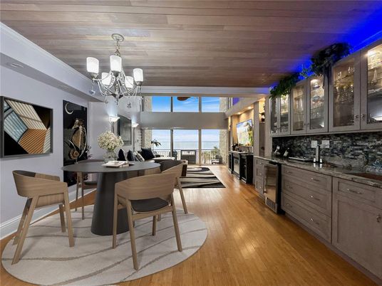 Chandelier, Dining room, Interior, Water, Wooden Ceilings, Wood Texture Flooring
