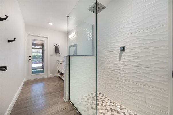 Bathroom, Glass Shower, Interior, Recessed Lighting, Wood Texture Flooring