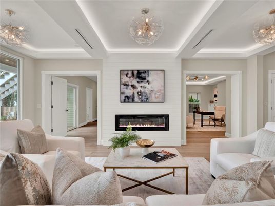 Chandelier, Fireplace, Interior, Living room, Pendant Lights, Wood Texture Flooring