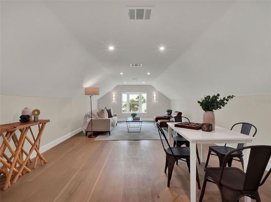 Dining room, Interior, Living room, Recessed Lighting, Wood Texture Flooring