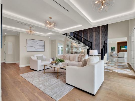 Chandelier, Interior, Living room, Recessed Lighting, Wood Texture Flooring