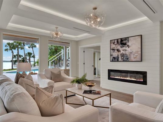 Chandelier, Fireplace, Interior, Living room, Pendant Lights, Water, Wood Texture Flooring