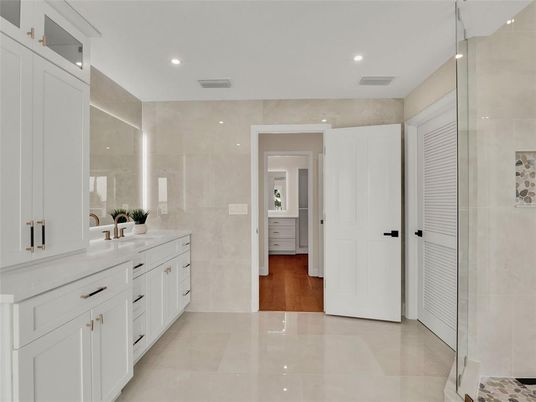 Bathroom, Dual Sink Vanities, Interior, Recessed Lighting, Wood Texture Flooring