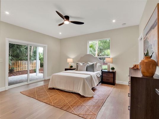 Bedroom, Interior, Recessed Lighting, Wood Texture Flooring