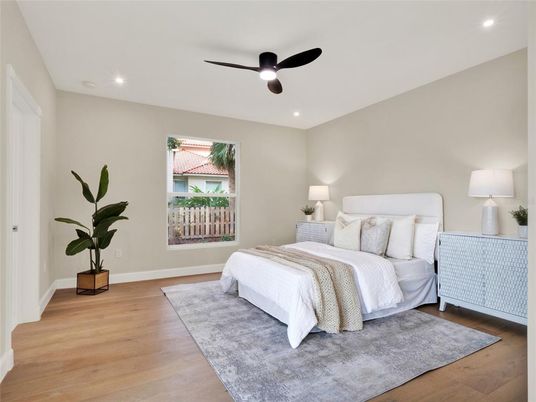 Bedroom, Interior, Recessed Lighting, Wood Texture Flooring