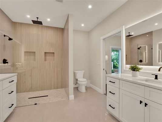 Bathroom, Dual Sink Vanities, Glass Shower, Interior, Recessed Lighting