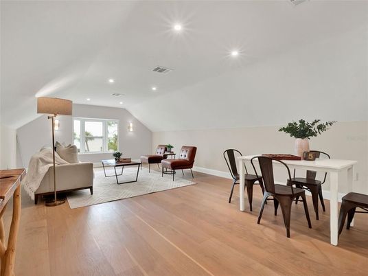 Dining room, Interior, Living room, Recessed Lighting, Wood Texture Flooring