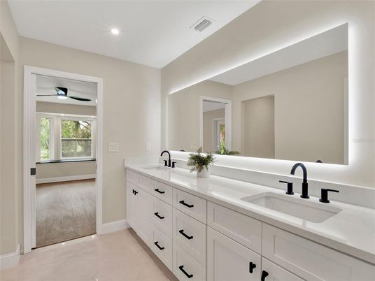 Bathroom, Dual Sink Vanities, Interior, Recessed Lighting, Wood Texture Flooring