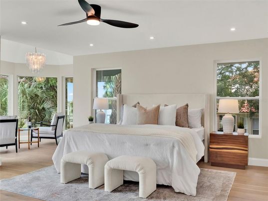 Bedroom, Chandelier, Interior, Recessed Lighting, Wood Texture Flooring