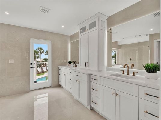 Bathroom, Dual Sink Vanities, Glass Shower, Interior, Recessed Lighting