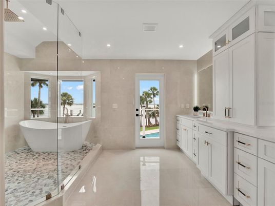 Bathroom, Dual Sink Vanities, Free Standing Baths, Glass Shower, Interior, Recessed Lighting