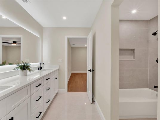 Bathroom, Dual Sink Vanities, Interior, Recessed Lighting, Wood Texture Flooring