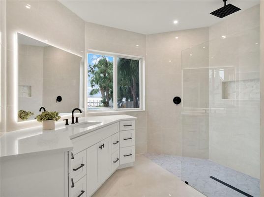 Bathroom, Glass Shower, Interior, Recessed Lighting