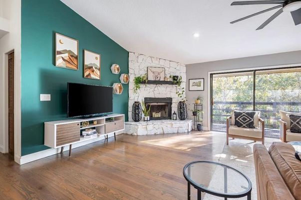 Fireplace, Interior, Living room, Recessed Lighting, Wood Texture Flooring
