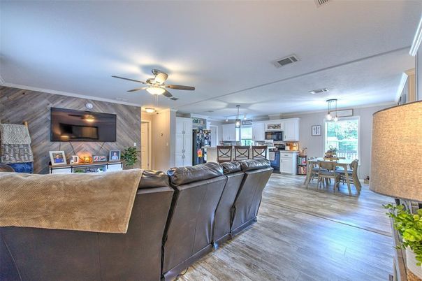 Dining room, Interior, Kitchen, Living room, Pendant Lights, Wood Texture Flooring