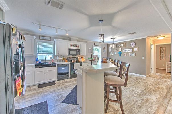 Interior, Kitchen, Pendant Lights, Wood Texture Flooring