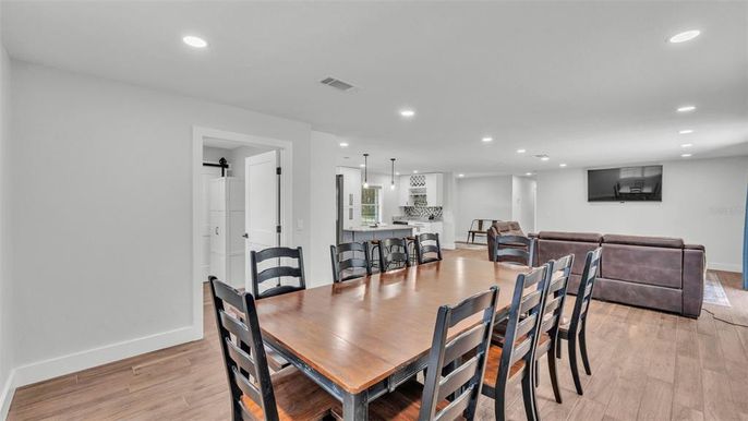 Dining room, Interior, Pendant Lights, Recessed Lighting, Wood Texture Flooring