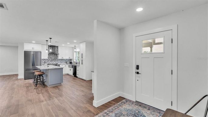 Interior, Kitchen, Pendant Lights, Recessed Lighting, Stainless Steel Appliances, Wood Texture Flooring