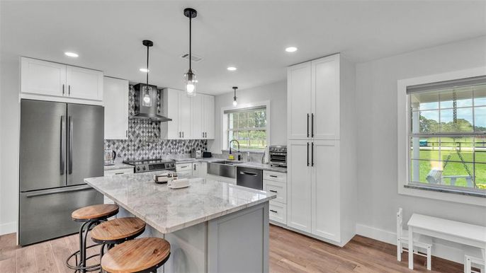Interior, Kitchen, Pendant Lights, Recessed Lighting, Stainless Steel Appliances, Wood Texture Flooring