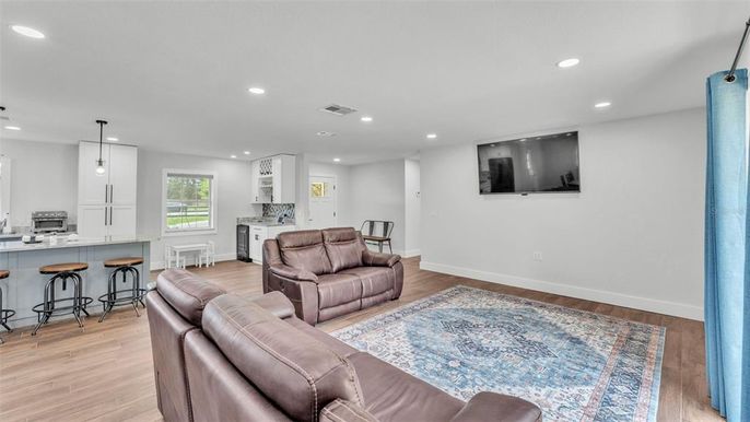 Interior, Kitchen, Living room, Pendant Lights, Recessed Lighting, Wood Texture Flooring