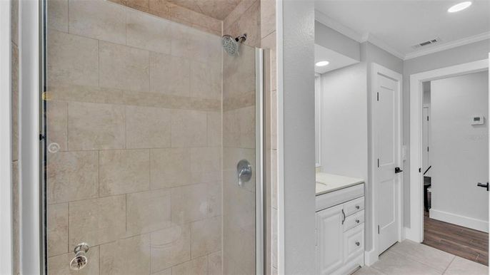 Bathroom, Interior, Recessed Lighting, Wood Texture Flooring